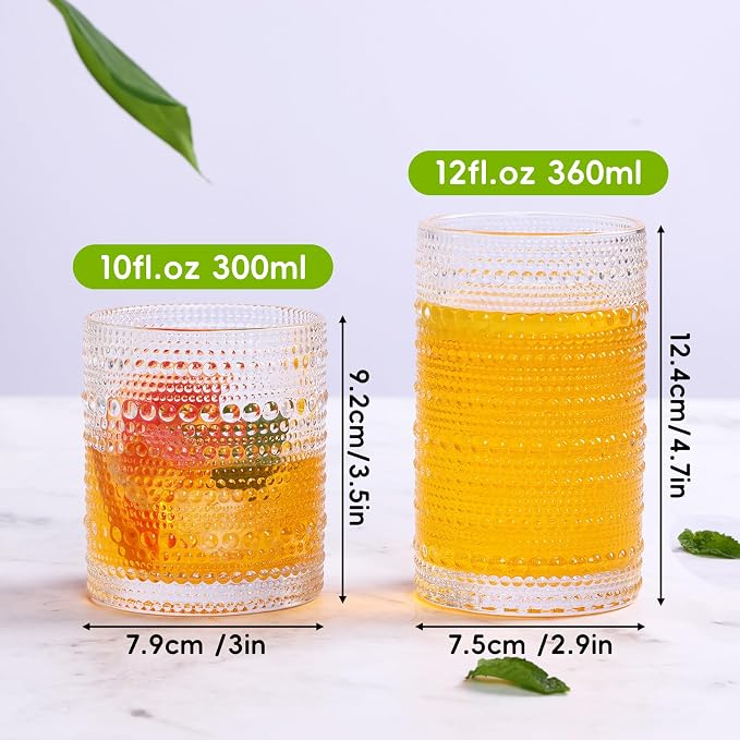 Moretoes Hobnail Drinking Glasses Set of 12, Vintage Water Glass Cups | 12 Oz Highball Glasses & 10 Oz Cocktail Glasses, Clear Embossed Boho Kitchen Bar Tumbler for Whiskey, Beer, Juice, Milk - Image 4