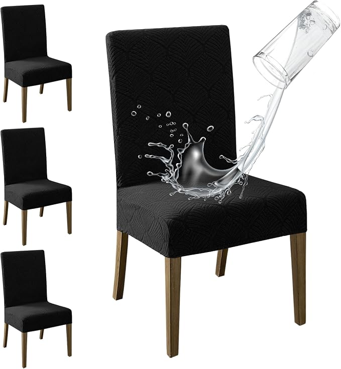 MOSAYT 100% Waterproof Dining Room Chair Covers Set of 4, Super Fit Stretch Jacquard Parson Chairs Slipcovers Removable Washable Chair Seat Protectors for Home, Kitchen, Banquet (Black) by MOSAYT