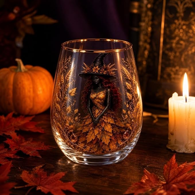3D Halloween Autumn Glass Art Cup,Stemless Holiday Glassware Collection | Fantasy Fall Witch Wine Glasses,Holiday Printed Table Ornaments,Magical Halloween Home Decor Gifts for Various Beverages - Image 6