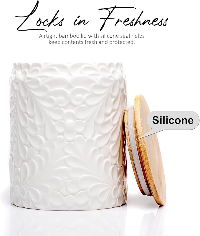 Small Engraved Ceramic Kitchen Canister - Storage Jars with Airtight Lids Made from Bamboo with Nature-Inspired Engraving - Use as a Pasta Holder, Coffee Ground Holder, Rice Container - 30 Ounces - Image 5