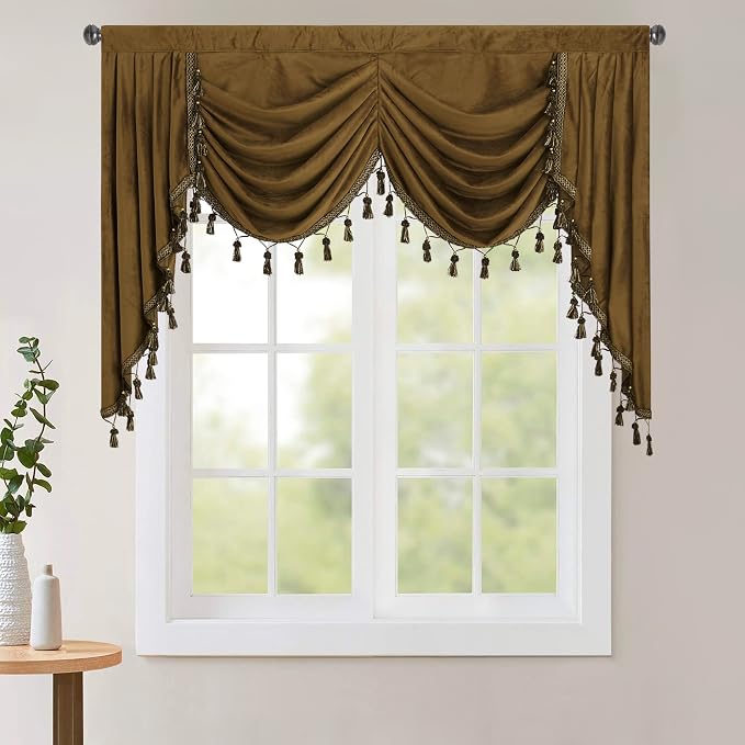 Autumn Decor Gold Brown Velvet Valance W59 inches, 1 Panel | Waterfall Swag Curtains for Kitchen Half Window, Light Blocking for Sliding Door, Living Room, Rod Pocket by StangH