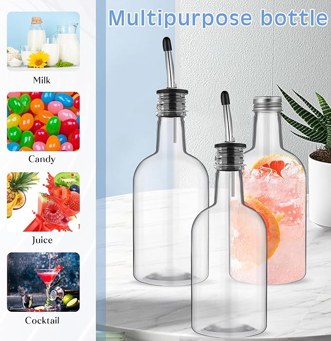 Maxcheck 3 Sets 16 oz Plastic Long Neck Bottles with Pourer and Caps Plastic Juice Pour Bottles with Stainless Steel Bottle Pourer Tapered Spout for Liquor Juice Store Syrup