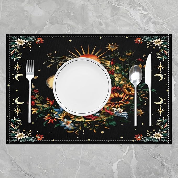 Feelyou Sun Moon Placemats Set of 4 18"x12" Boho Exotic Placemat for Kitchen Dining Table Decor Indoor Outdoor for Kids Teens Adults Bohemian Table Place Mats, Galaxy Astrology Space - Image 2