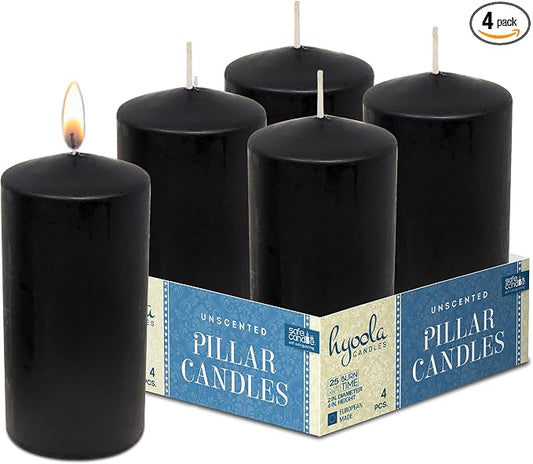 Hyoola Black Pillar Candles 2x4 Inch - 4 Pack Unscented Pillar Candles - European Made by Hyoola