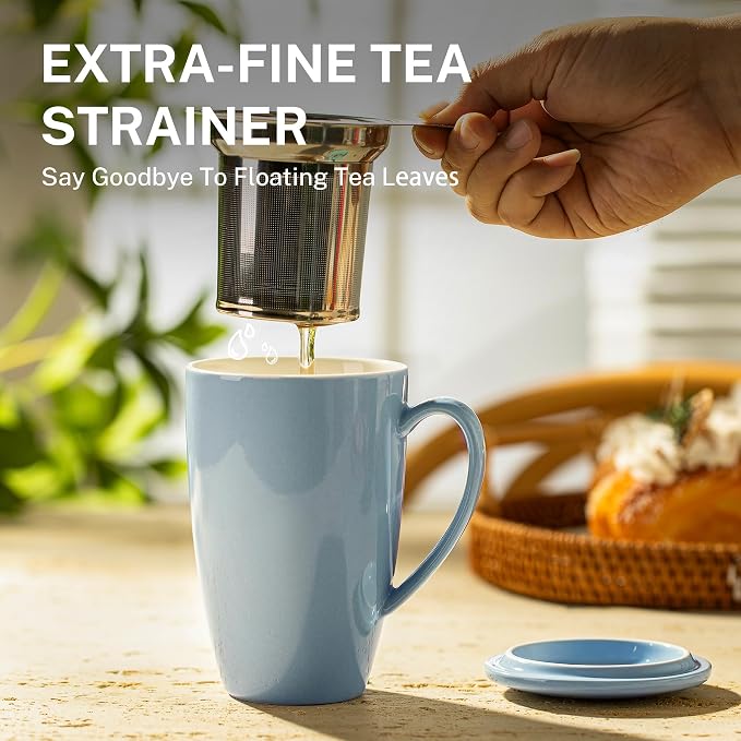 Sweese 15 OZ Porcelain Tea Mug with Infuser and Lid, Loose Leaf Tea Cup, Gifts for Tea Lover, Bluish Grey - Image 4