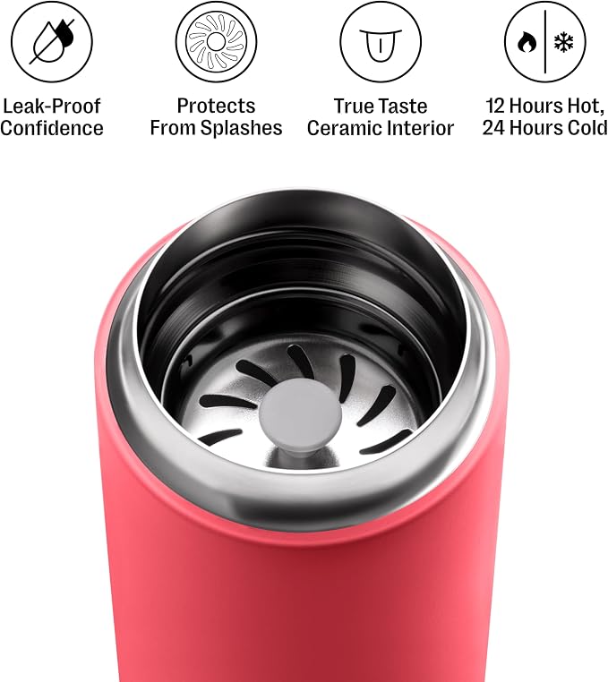 Fellow Carter Move Ceramic Lined Travel Coffee Mug 16 oz - Leak-Proof Lid | No Metallic Taste, Dishwasher Safe, Hot 12Hr Cold 24Hr, Stainless Steel Tumbler, BPA-Free, Fits Cup Holders, Coral Crush - Image 2