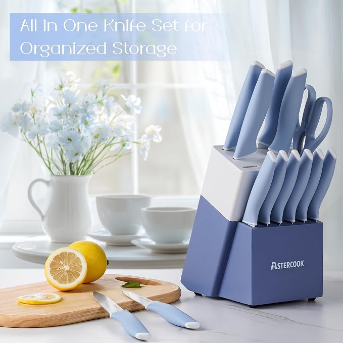 Astercook Kitchen Knife Set with Block and Sharpener 15 Piece German High Carbon Stainless Steel Knives Sharp Blade Dishwasher Safe Deba Knives with Ergonomic Handle, Delicate Blue - Image 8