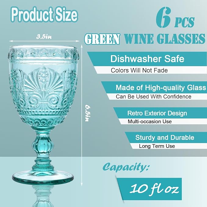 6 Pcs Green Wine Glasses,Goblet Glasses,Vintage Glassware, Made of Sturdy and Durable Glass Can be Used for Weddings, Everyday Fun Parties and More! - Image 2