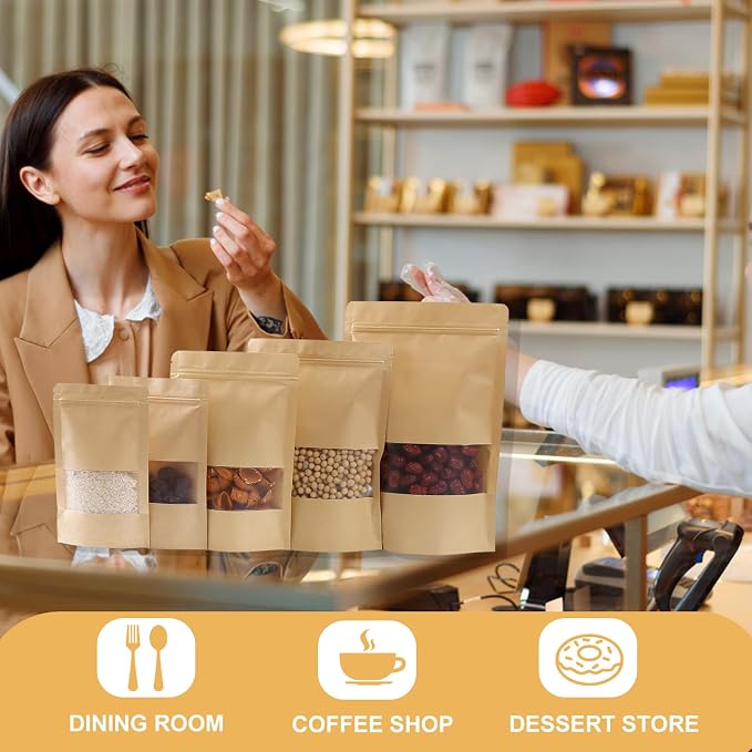 105 Pcs Windowed brown paper Bags，4.7x 7.9 Inch Stand Up Pouches, Zip Lock Food Storage Bags， Reusable Sealing Pouches for Packaging Products(Brown) (4.7 * 7.9in) - Image 6