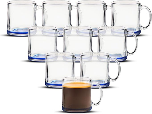 Libbey Clear Glass Coffee Mugs 13 oz. Set of 10, Bulk Pack - Perfect for Coffee, Tea, Espresso, Hot Cocoa, Other Beverages - Blue Bottom