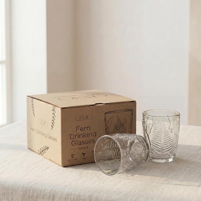 Clear Drinking Glasses Set of 4, 10 oz Glass Cups, Vintage Fern Glassware | Hand-Pressed, Dishwasher Safe, Boho Leaf-Textured Drinkware, Decorative Embossed Lowball Tumblers for Water, Retro Kitchen - Image 5