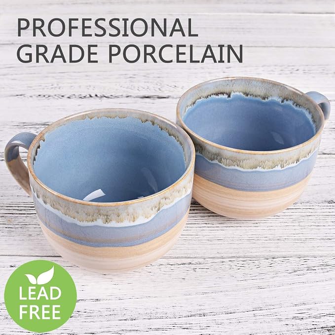 Bosmarlin Large Ceramic Coffee Mug Set of 2, Stoneware Jumbo Latte Mugs for Office and Home, 16 Oz, Dishwasher and Microwave Safe(Blue, 2) - Image 3