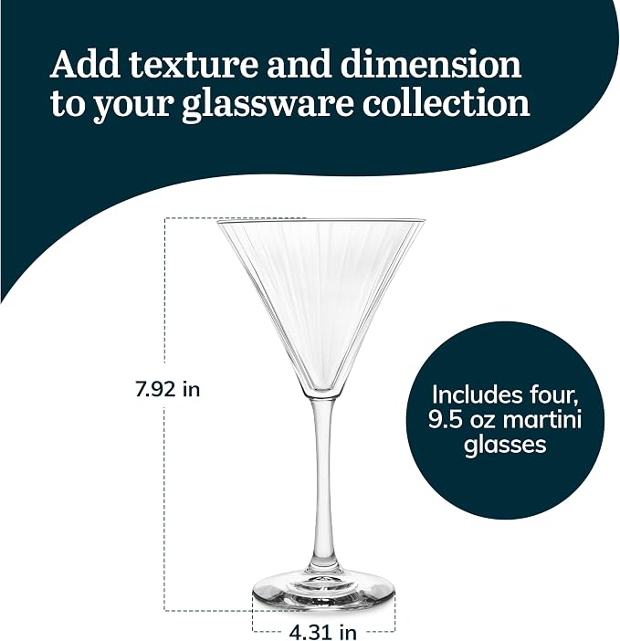 Libbey Paneled Martini Glasses Set of 4, 9.5 Oz Fine Ribbed Modern Martini Glasses, Dishwasher Safe Martini Cocktail Glasses for Cocktail Parties - Image 3