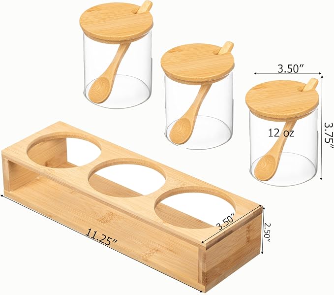 Basicwise 3-Piece Glass Containers with Bamboo Lids and Tray Holder – Decorative Storage for Condiment Pots and Spice Jars - Coffee Station Accessories, Perfect Organizer for Home Kitchen or Café - Image 6