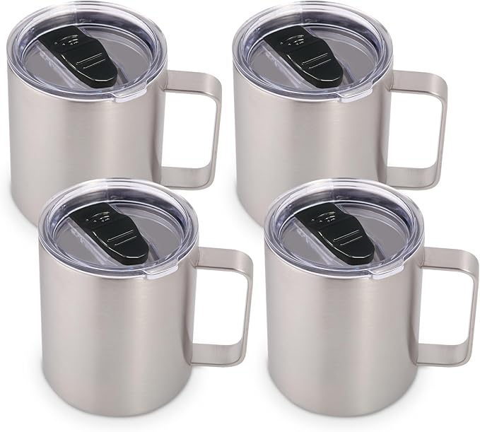 Volhoply 14oz Insulated Stainless Steel Coffee Mug with Lid Bulk 4 Pack,Double Wall Vacuum Travel Coffee Cup with Handle,Reusable Metal Cups Tumbler,Camping Mugs Keep Hot,Ideal Gifts(Silver,4) by LiveFully%EF%BC%8CDrinkFreely%E2%80%94KeepGoingwithVolhoply%EF%BC%81