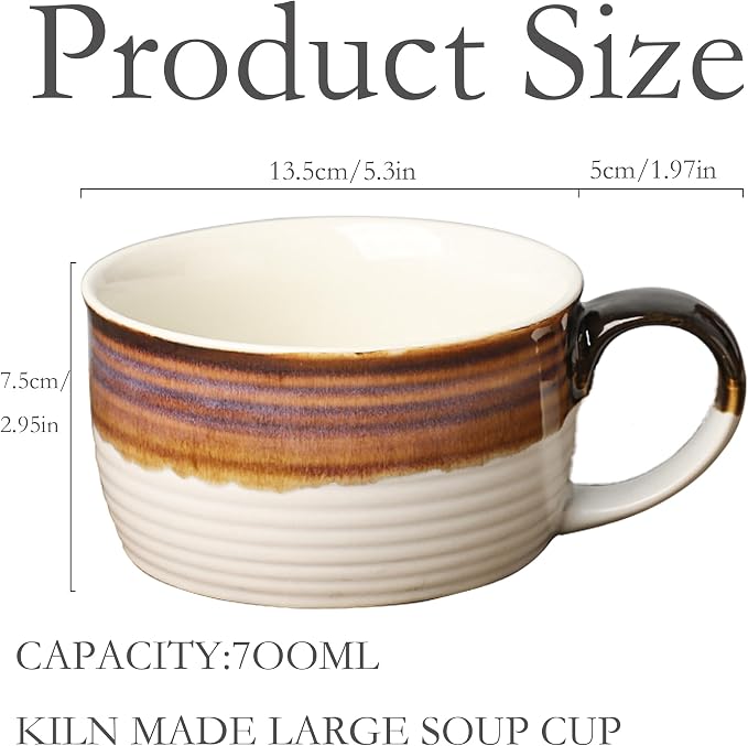 Disoza Oversized Coffee Mug 24 OZ Soup Mug Large Porcelain Soup Bowls with Handles White & Brown XXL Cereal 700 ML Ceramic Large Coffee Tea Cup - Image 2