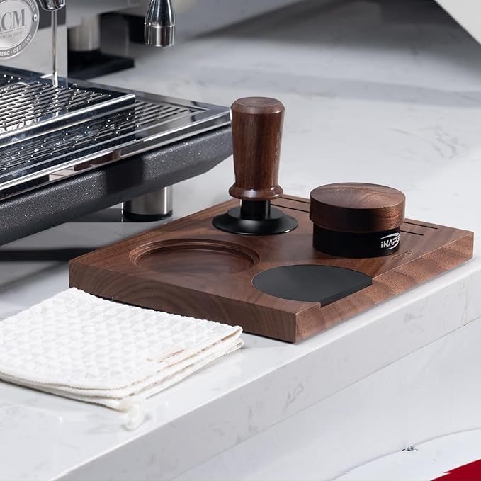 IKAPE 58MM Coffee Tamper Set 5 IN 1, Walnut Wood Espresso Tamper, Espresso Distributor, Tamper Base, Puck Screen, Cleaning Towel Set, Perfect for Everyday Use, Stylish, Functional Coffee Accessories