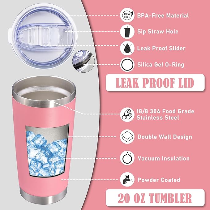 20oz Tumbler Insulated Coffee Tumblers with Lid Stainless Steel Pink 8P | 20 oz Tumblers Double Wall Insulated Vacuum 20oz Coffee Mug Leak Proof Tumblers with Lid Powder Coated - Pink 8 Pack - Image 3