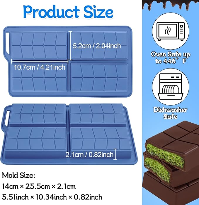 Chocolate Bar Molds Silicone Non Stick 0.82inch Deep,2 Pack Thick Dubai Shapes Candy Stuffed Bar Mold for Filling Knafeh Pistachio Granola Bar Snacks