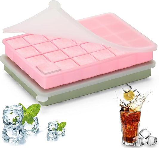 Silicone Ice Cube Tray, Easy Release Flexible Ice Cube Tray with Removable Lid, 24 Ice Cub Per Tray for Whiskey, Freezer, Cocktail, Reusable & BPA Free (Pink+Green)