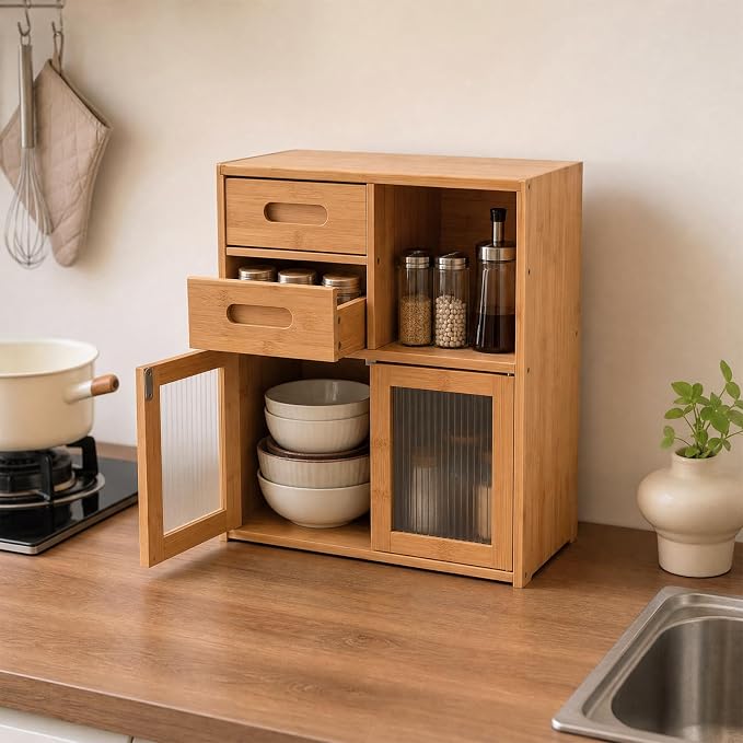 Storage Cabinet with Drawers and Doors, 22 lbs Load Capacity Bamboo Pantry Cabinet, Freestanding Microwave Cupboard with Visual Windows, Magnetic Closure Organizer for Kitchen Living Room Dining - Image 4