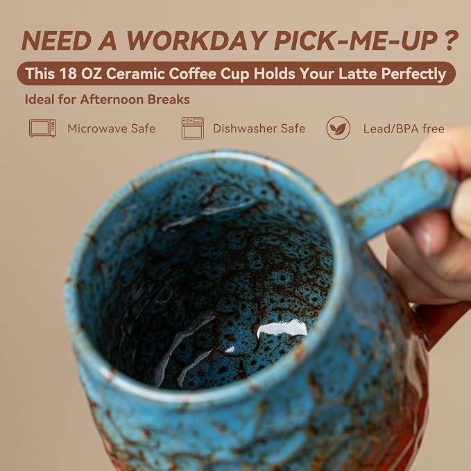 18oz Unique Blue & Orange Kiln-Change Ceramic Coffee Mug, Handcrafted Hammered Texture Ceramic Mug with Ergonomic Handle, Microwave & Dishwasher Safe, Gift for Coffee Lovers, Home Office Daily Use - Image 3