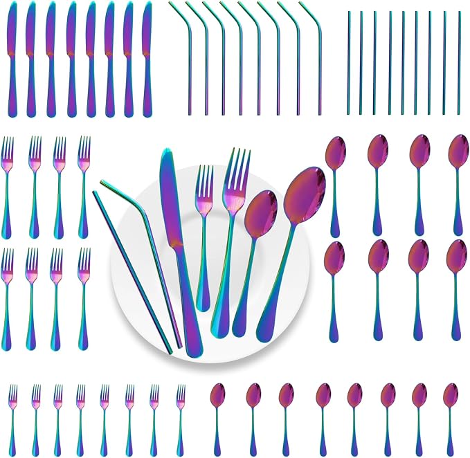 56 Pieces Mirror Rainbow Silverware Service for 8 Flatware Set Stainless Steel Utensils Cutlery Set Dishwasher Safe by Gutuwellea