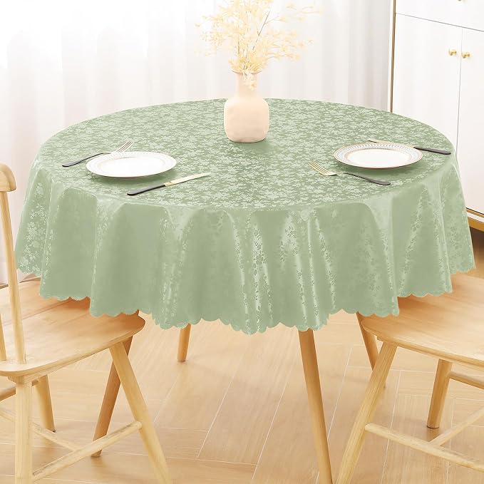 Smiry Round Waterproof Heavy Duty Vinyl Tablecloths, 60 x 60 Inch | Wipeable Washable Floral Embossed Table Cover for Kitchen and Dining Room, Indoor & Outdoor Use, Grass Green by Smiry