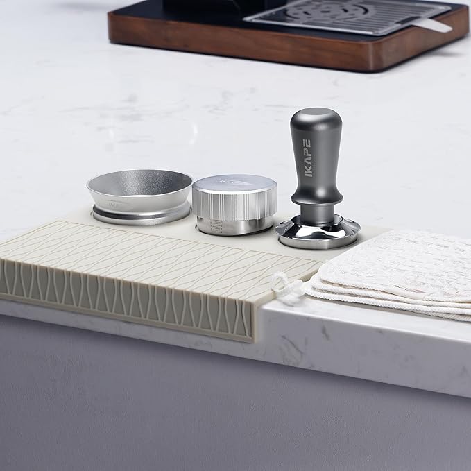 IKAPE 58mm Espresso Tamper Kit 6 IN 1 Silver, Coffee Tamper Set with Tamper, Distributor, Magnetic Funnel, Silicone Mat, Puck Screen, and Cleaning Towel for the Perfect Shot