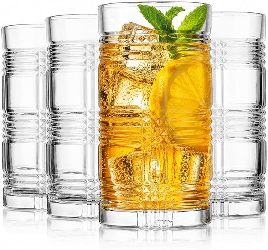 15.5 oz Highball Glasses Set of 4, Modern Ribbed Drinking Glasses, Clear Glass Tumblers for Water, Juice, Cocktails & Iced Tea, Heavy Base, Dishwasher Safe by MosJos