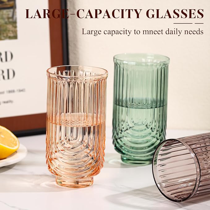 Colored Vintage Drinking Glasses Set of 6-17oz Hand-Blown Highball Ribbed Glassware, Arch Design Cocktail Glasses for Whiskey Water Beverages Ice Coffee Juice Milk - Image 6