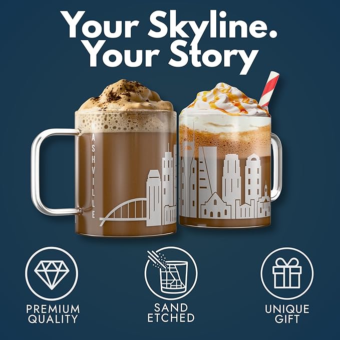 Greenline Goods – Nashville, TN Skyline Glass Coffee Mugs (Set of 2), 15 oz – Etched Wrap Design