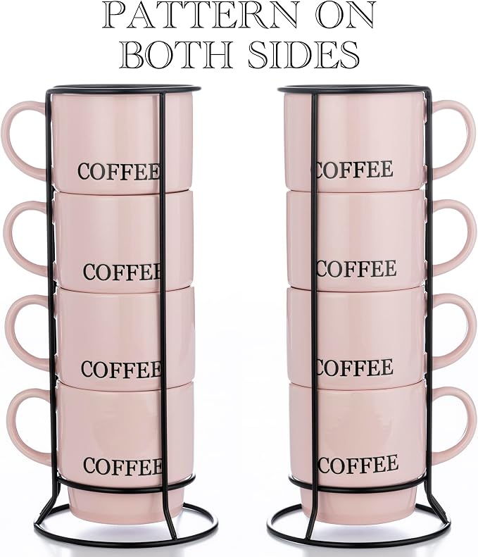 Signature Housewares Stackable Coffee Mug Tower Set with Metal Wire Rack - 15 Ounce Coffee Mugs for Coffee, Tea, Cocoa, Milk, Cappuccino, Hot Chocolate Set of 4 - Pink Coffee - Image 3