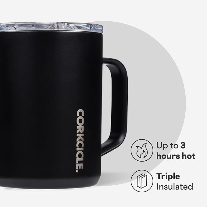 Corkcicle Classic Coffee Mug - Triple Insulated Stainless Steel for Travel - Shatter-Proof Lid - Easy Grip - Keeps Drink Hot Over 3 Hours - Holiday Mug Gift - Great for Gifting Warmth - 16 oz - Black - Image 3