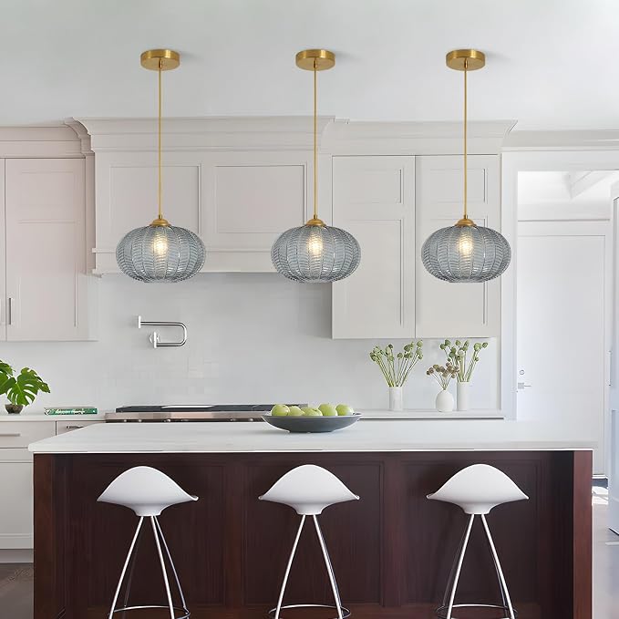 KCO Lighting Large Glass Pendant Lights Kitchen Island Brass Gold Pendant Light Gold Globe Hanging Light Smoked Striped Glass Pendant Light Mid Century Modern Dining Room Light Fixture - Image 6