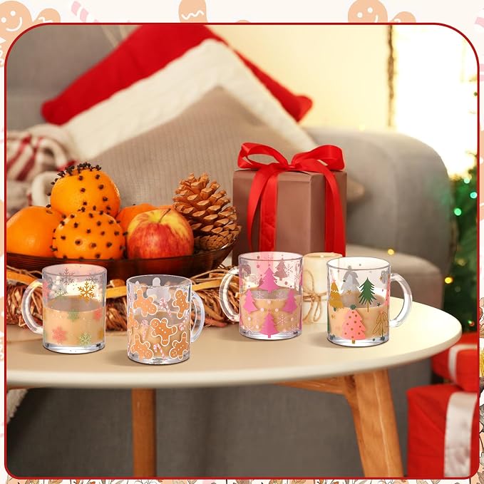 Tioncy 4 Pcs Christmas Coffee Mugs 12 oz Christmas Glass Cups with Handle Xmas Tree Gingerbread Snowflakes Coffee Cup Sweet Xmas Gifts Drinking Containers for Holiday Party - Image 4