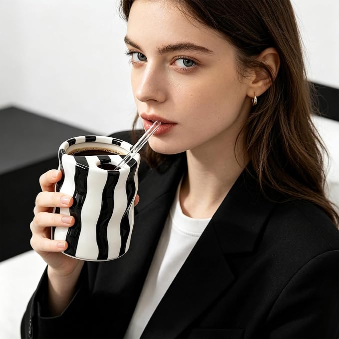 Espresso Cups Ceramic Coffee Mug Series European Striped Dot Coffee Cup And Saucer Mug Cake Plate Afternoon Tea Set Tea Cup And Saucer (Black 3) - Image 4