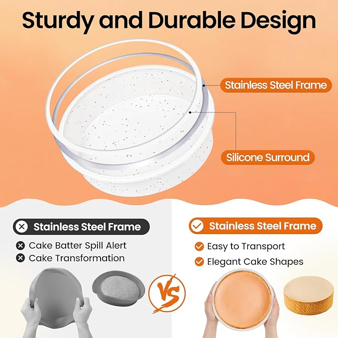 SJ 10 Inch Silicone Round Cake Pan with Metal Reinforced Frame 1Pack, Nonstick Silicone Cake Mold for Baking Suitable for Making Layers, Cheese & Chocolate Cakes