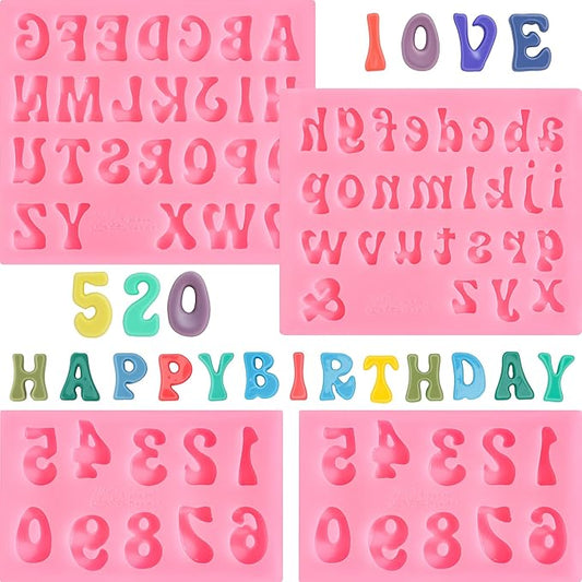 4PCS Letters Molds and Numbers Molds, Silicone Fondant Mold Chocolate Molds, 0-9 Number and 26 Letters Silicone Molds for Baking Desserts Cake Candle Decoration.