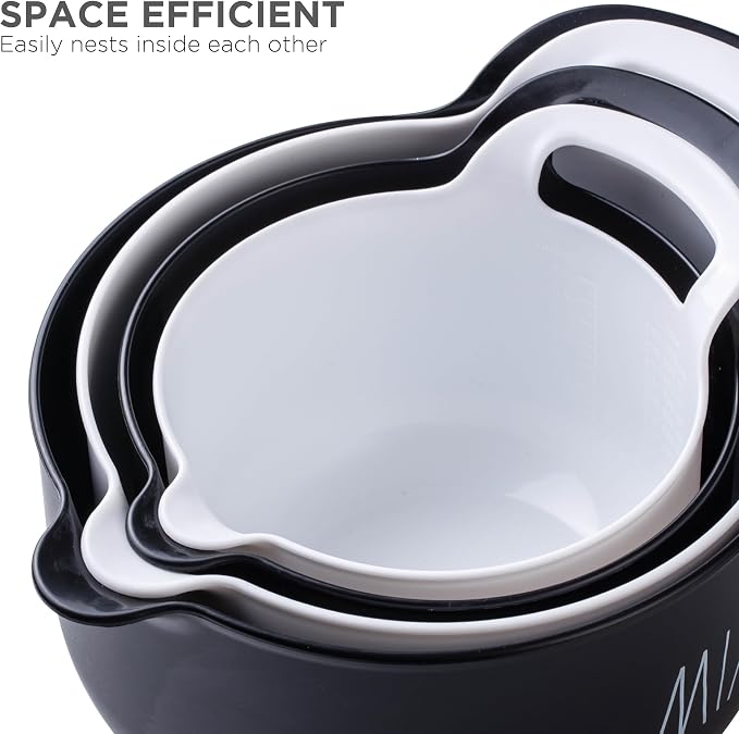 Rae Dunn Non-Slip Mixing Bowls - 4 Piece Nesting Plastic Mixing Bowl Set with Pour Spouts and Handles-Measurement Markings (Black) - Image 6