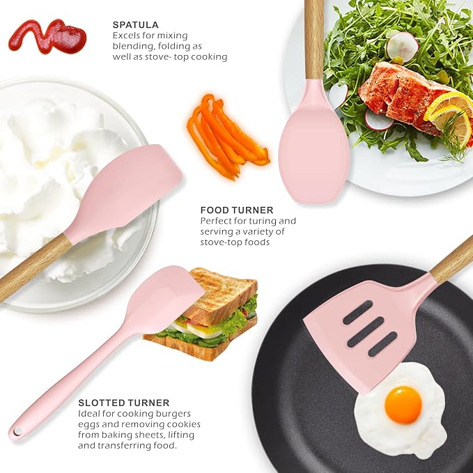 oannao Silicone Kitchen Utensils Set - 446°F Heat Resistant Cooking Utensil Sets, Spatula,Turner,Tongs,Spoon,Whisk, Wooden Handle Silicone Kitchen Gadgets Tools for Non-Stick Cookware BPA Free (Pink) - Image 3