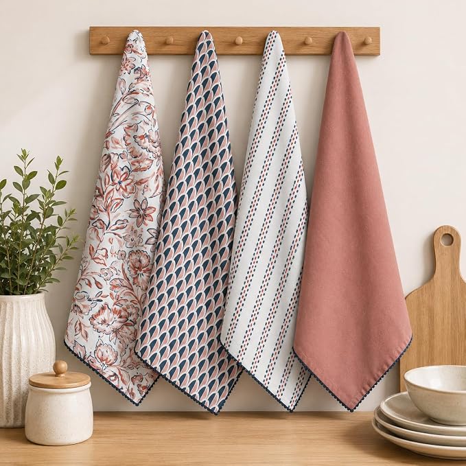 TARAN LIVING Printed Kitchen Dish Bar and Tea Towels Cotton, 18x28 inch with Trims, Cotton Dish Towel Sets (White & Peach, Set of 4) - Image 2
