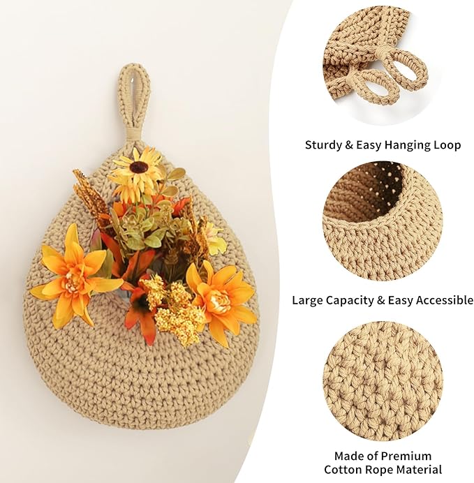 Boho Wall Hanging Fruit Baskets for Kitchen 3 Pack Woven Produce Holder with 6 Pcs Strong Hooks Vegetable Hanging Basket for Organizing Teardrop Home Wall Potato Onion Storage, Linen - Image 2