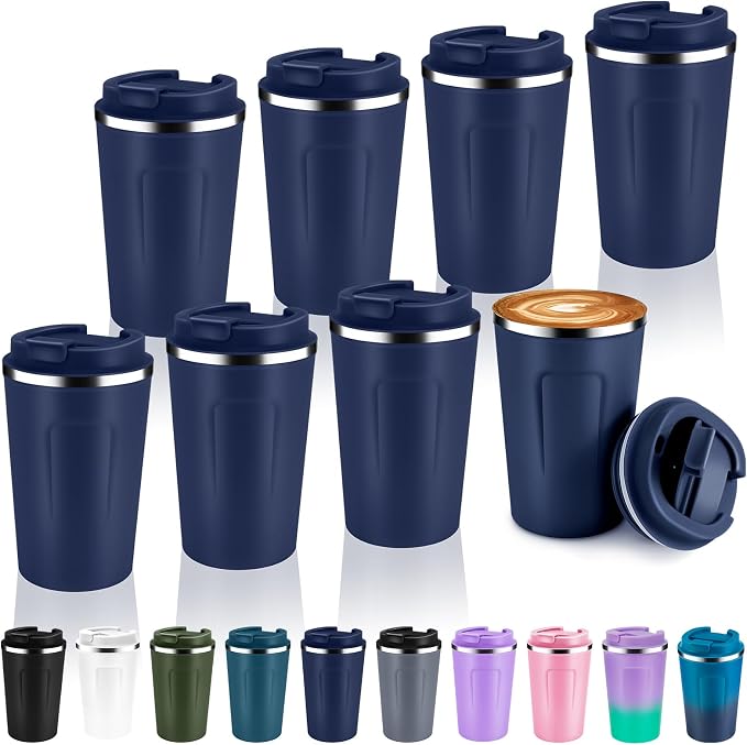 Volhoply 12 oz Double Wall Insulated Vacuum Travel Coffee Mug with Flip Lid Bulk 8 Pack,Reusable Stainless Steel Leak Proof Coffee Cup,Portable Cafe Thermal Tumblers for Hot & Cold Drinks(Navy,8 Set) by LiveFully%EF%BC%8CDrinkFreely%E2%80%94KeepGoingwithVolhoply%EF%BC%81