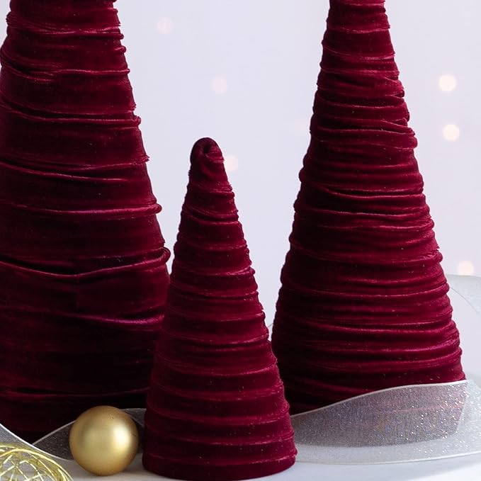 Your Heart's Content Set of 3 Burgundy Velvet Trees, Luxurious Handcrafted Home Decor, Valentine Tabletop Tree, Bookshelf Office, Winter Mantel Accents, Elegant Charm Gift for (Burgundy) - Image 5