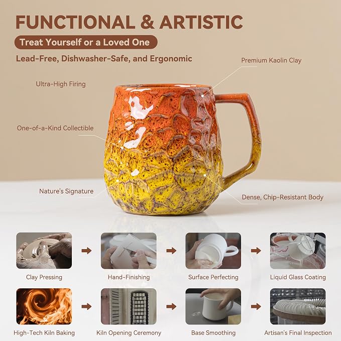 18oz Unique Orange & Yellow Kiln-Change Ceramic Coffee Mug, Handcrafted Hammered Texture Ceramic Mug with Ergonomic Handle, Microwave & Dishwasher Safe, Gift for Coffee Lovers, Home Office Daily Use - Image 6