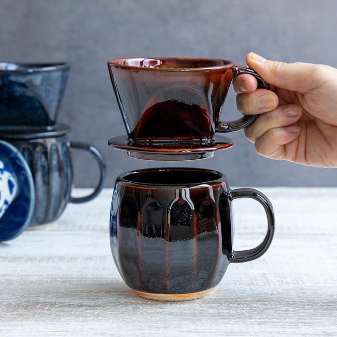 Asayu Japan Ceramic Coffee Pour Over Maker Set in Chocolate Brown, Slow Brewing Paper Filter Holder and Dripper with 3 Holes for Coffee and Tea (Coffee Dripper Cone)