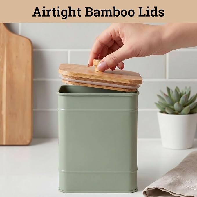 Kitchen Canisters for Countertop Set of 3 w/ Chalkboard Labels & Marker Pen | Airtight Easy Open Bamboo Lids, Dent-Resistant Thick Metal, Customizable Chalkboard Labels, Marker Pen Included, Set of 3 - Image 4