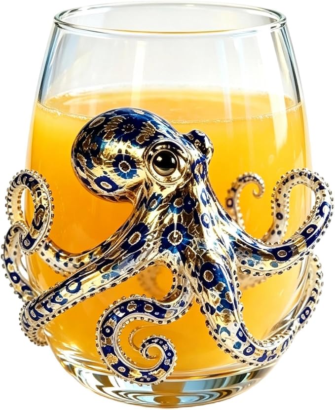 Octopus Glass with Marine Animal Prints, Versatile Coastal Tumbler | Artisanal Blue Ringed Octopus Glassware for Ice Water Juice Milk Coffee Housewarming Themed Party Home Bar - Image 7