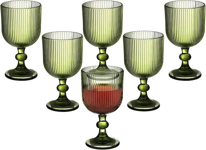 Green Vintage Wine Glasses Set of 6, 11 Ounces Colored Glass Water Goblets, Unique Embossed Pattern High Clear Stemmed Glassware Wedding Party Bar Glass Drinking Cups Fancy Glasses Vertical Line - Image 5